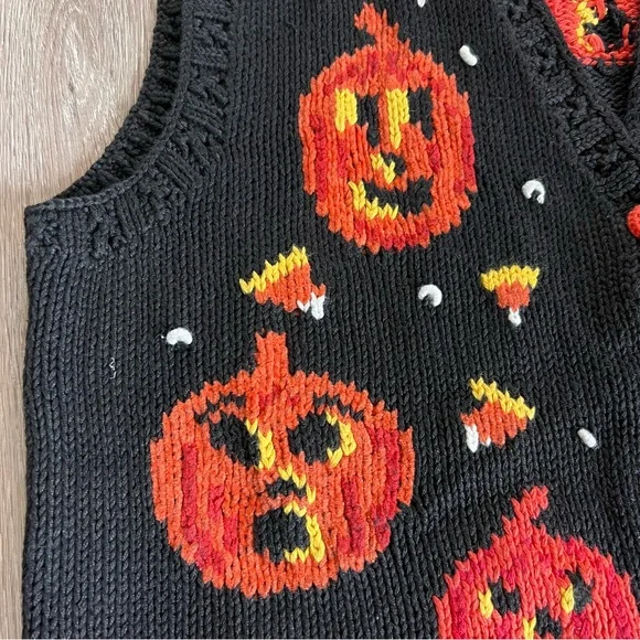 Vintage Halloween Sweater Vest Black Orange Pumpkins - Picture 5 of 13